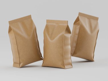 Tarafsız bir zeminde üç açık kahverengi yiyecek torbası yüzer. Torbaların pürüzsüz, mat bir dokusu vardır ve dinamik bir kompozisyonda düzenlenmişlerdir. Dekor temiz, parlak ve nötr. Ürün sergilenmesi için ideal. Bu nötr renk şeması 