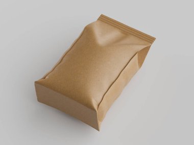 Açık kahverengi bir kese kağıdı düz bir yüzeyde yatar. Torbanın biraz buruşuk ya da buruşuk bir dokusu var ve dikdörtgen şeklinde. Aydınlatma eşit ve nötr, çantanın yumuşak bir taklidini oluşturuyor. Görüntü vitrin için uygundur