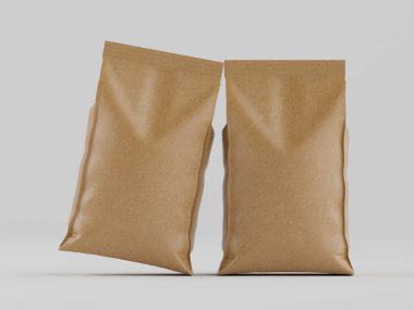 Tarafsız bir arkaplanda iki açık kahverengi kese kağıdı sergileniyor. Çantalar modern, minimalist tarzda pürüzsüz bir yapıya sahip. Düz bir yüzeyde bulunuyorlar, bu da gün boyunca kapalı bir ortamda bulunduklarını gösteriyor. Görüntü çok yönlü bir hareket sunuyor.