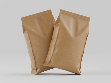 Stüdyo ortamında iki açık kahverengi kese ya da paket. Keseler pürüzsüz ve modern görünüyor ve dörtte üçü manzaralı. Görüntü iyi aydınlatılmış ve ürün detaylarına odaklanmış, gıda ambalajı için ideal bir arkaplan oluşturuyor