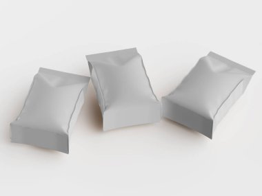 Beyaz arkaplana karşı gelişigüzel, hafif açılı bir sunumda sıralanmış üç açık gri yiyecek paketleme çantası. Poşetlerin pürüzsüz, mat bir sonu var ve genel stili modern ya da çağdaş bir estetiği işaret ediyor. Gıda gösterimi için idealdir