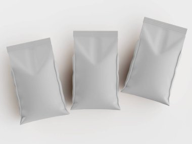 Yiyecek ya da atıştırmalık olması muhtemel üç açık gri kese beyaz arka planda yatay sırada dizilir. Keseliler basit ve temiz bir tasarıma sahip. Işıklandırma düzgün ve parlak, ambalaj modelleri için temiz bir estetik ideal yaratıyor. Fl!