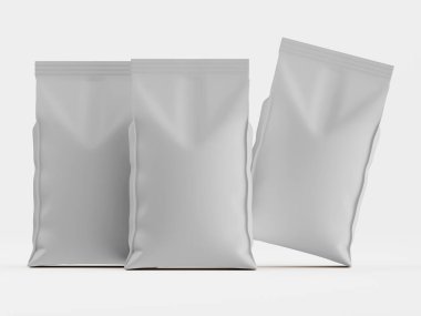 Tarafsız bir arkaplanda bir stüdyoda üç açık gri ya da beyaz kağıt ya da plastik torba sergilenir. Çantalar farklı pozisyonlarda, hafif bir açı ya da eğimle, esnek ve dikdörtgen şekillerini gösteriyorlar. Sade, nötrr.