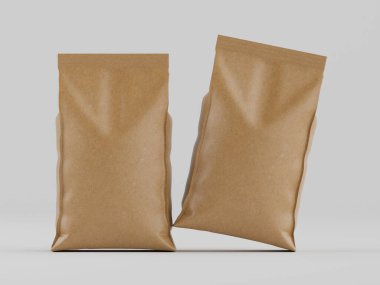 Tarafsız bir arkaplanda iki açık kahverengi kese kağıdı tasvir edilir. Ürün modelleme ortamında gibiler. İnce ve parlak bir dokusu var. Poşetler 3 / 4 açılı, hafifçe açılı ve yüzüyor gibi görünüyor. Settin.