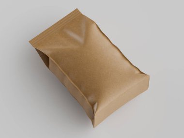Açık kahverengimsi, esnek yiyecek paketleme kesesi, muhtemelen atıştırmalıklar ya da diğer yiyecekler için. Kese yukarıdan aşağıya doğru açılı ve tarafsız bir arkaplanda düz bir şekilde duruyor. Katlar ve kırışıklıklar, ince dilimli esnek bir madde olduğunu gösteriyor.