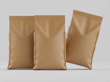 Üç açık kahverengi kese kağıdı hafif dengeli ve yüksek pozisyonda yerleştirilmiş. Bu da hareketi gösteriyor. Pürüzsüz, mat bir doku sergiliyorlar ve açık gri bir arka plana yaslanıyorlar. Çantalar yiyecek ya da diğer şeyler gibi ambalajlar içindir.