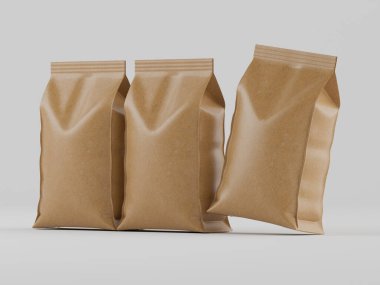 Düz gri arka planda, parlak kaplamalı üç açık kahverengi kese kağıdı sergileniyor. Çantalar modern ve basit bir tasarıma sahip. Kompozisyon ve ışıklandırma ürün ambalaj tasarımı için uygun temiz bir estetik yaratıyor. Şey... 