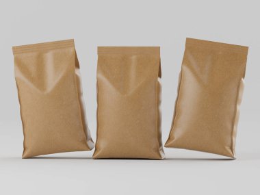 Üç açık kahverengi kese kağıdı, ya da kese, bir ürün modelinde. Pürüzsüz, parlak yüzeyler. Çantalar biraz farklı açılardan yerleştirilmiş ve açık gri bir arkaplan üzerinde havada süzülüyor gibi görünüyor. Ürün ambalajını göstermek için ideal