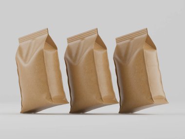 Üç adet açık kahverengi kese kağıdı, muhtemelen yiyecek veya atıştırmalık eşyalar için, üç boyutlu olarak sunulmaktadır. Poşetler açılı. Tarafsız gri bir arkaplan üzerinde hareket hissi yaratıyor. Aydınlatma düz ve parlak, paketin dokusunu vurguluyor