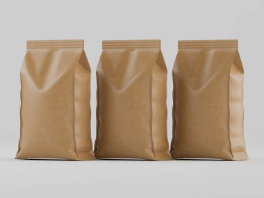 Üç açık kahverengi kese kağıdı, muhtemelen yemek veya kahve için, düz, açık gri arka plana karşı dik duruyor. Çantaların boyutları ve şekilleri birbirine benziyor. Işıklandırma nötr ve genel olarak paketin net bir görüntüsünü sağlıyor. Bu resim...