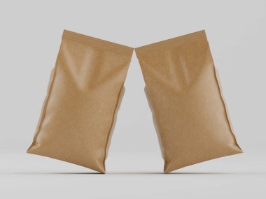 Tarafsız bir arkaplanda iki açık kahverengi kese kağıdı sergileniyor. Çantalar şekil ve boyut olarak benzerdir ve hafif bir eğim ile simetrik bir konuma dizilmişlerdir. Paket pürüzsüz ve çağdaş görünüyor. Işıklandırma eşit ve br.
