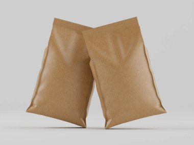 Boyutları ve şekilleri birbirine benzeyen iki açık kahverengi kese kağıdı, tarafsız gri arka planda sunuluyor. Poşetler pürüzsüz, mat bir malzemeden yapılmış gibi görünüyor ve ürün modelleme amacıyla sergilendiklerini gösteren bir şekilde yerleştirilmiş. T