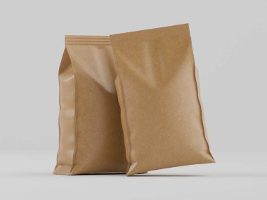 Düz beyaz arka planda iki açık kahverengi yiyecek torbası sergileniyor. Poşetlerin pürüzsüz, hafif parlak bir yüzeyi ve modern, minimalist bir tasarımı var. Işık düzgün ve parlak, nötr bir zemin oluşturuyor ve çantaları sergiliyor.