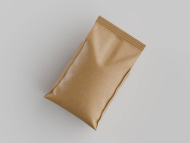 Açık bej renkli, dikdörtgen bir yemek kesesi. Kesenin pürüzsüz, parlak bir yüzeyi ve mühürlü kenarları var. Aydınlatma parlak ve dengeli, temiz ve modern bir görünüm yaratıyor. Ticari gıda paketleme projelerinde kullanılabilir. Şey...