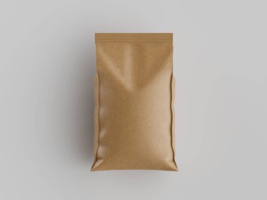 Kahve çekirdekleri için muhtemelen açık bej ya da bronz kağıt paketi yukarıdan aşağıya doğru gösterilir. Paketin pürüzsüz, hafif parlak bir yüzeyi var. Arkaplan nötr gri renkte, temiz ve profesyonel bir görünüm yaratıyor. Görüntü ticarete uygun.