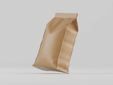 Tarafsız bir arkaplana karşı bej renkli kağıt paketi havada süzülüyor. Paket, ince kıvrımları ve dokusu olan gerçekçi bir model. Aydınlatma düzgün ve yumuşak, modern ve temiz bir görünüm yaratıyor. Gıda paketleme tasarımı için ideal