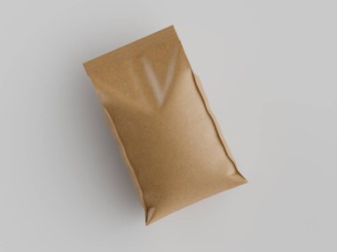 Bej kağıt torba, muhtemelen yiyecek ya da atıştırmalık paketleme için. Düz yüzey, basit tasarım ve nötr renk şeması. Genel masraflar, tarafsız gri arkaplanlı stüdyo çekimleri. Paketleme tasarımı, gıda ürünü illüstrasyonu veya sunumu için uygun veya adves