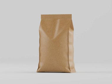 Açık kahverengi bir kesekağıdının stüdyo fotoğrafı. Poşet ambalaj yiyeceği, muhtemelen kahve ya da diğer kuru yiyecekler için. Basit bir tasarımı var ve açık gri bir zemine karşı. Işıklandırma eşit ve torba pürüzsüz dokuyu vurgular. 