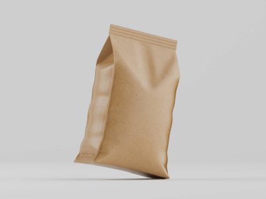 Açık bej, kağıt gıda paketi, muhtemelen abur cubur ya da diğer ürünler için. Paket hafifçe tırtıklı bölgelerle pürüzsüz ve dokunsal bir etki yaratıyor. Paket, minimalist bir stüdyo ortamında yüzüyor. Işıklandırma eşit ve nötr.