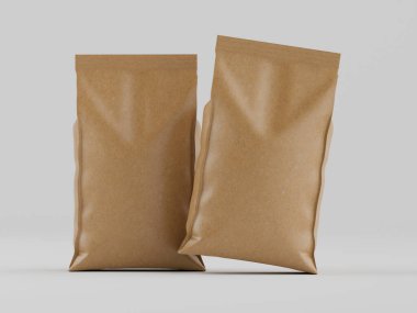 İki açık kahverengi kese kağıdı, muhtemelen ürün ambalajı için. Çantalar gerçekçi çizimler ya da modeller gibi görünüyor. Çantalar beyaz arka plana hafifçe açılı yerleştiriliyor, bu da stüdyo ortamını işaret ediyor. Işıklandırma basit ve eşit.