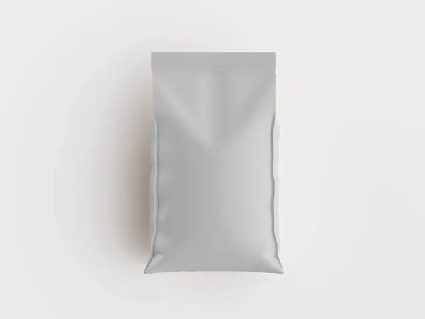 Açık gri, sade, besin ambalajlama ürünü beyaz bir yüzeyde belirgin bir şekilde sergilenmektedir. Pakette pürüzsüz, mat bir kaplama ve basit bir tasarım var. Işıklandırma parlak ve paketin altını çiziyor. Görüntü kullanım için uygun.