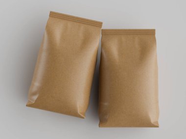 Kahve kesesi kahverengi 3d renginde çizim modeli koleksiyonu için gri arkaplanda izole edilmiş.