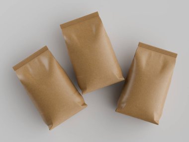 Kahve kesesi kahverengi 3d renginde çizim modeli koleksiyonu için gri arkaplanda izole edilmiş.