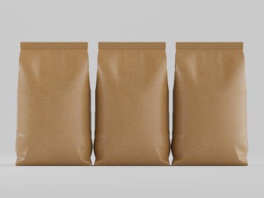 Kahve kesesi kahverengi 3d renginde çizim modeli koleksiyonu için gri arkaplanda izole edilmiş.