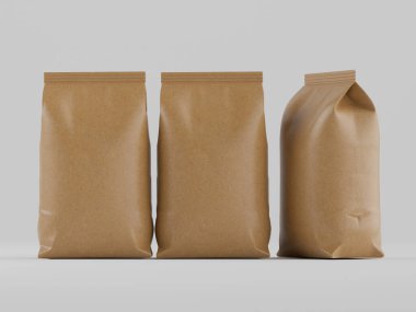 Kahve kesesi kahverengi 3d renginde çizim modeli koleksiyonu için gri arkaplanda izole edilmiş.