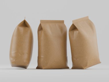 Kahve kesesi kahverengi 3d renginde çizim modeli koleksiyonu için gri arkaplanda izole edilmiş.