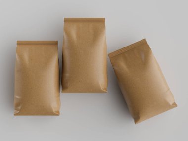 Kahve kesesi kahverengi 3d renginde çizim modeli koleksiyonu için gri arkaplanda izole edilmiş.