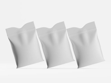 Açık gri, boş, dikdörtgen keseler düz beyaz arka planda yatay sırada dizilir. Keseler plastik ya da kağıt gibi yumuşak buruşuk ya da katlanmış dokusu olan esnek bir malzemeden yapılmış gibi görünüyor. Çantalar durgun.