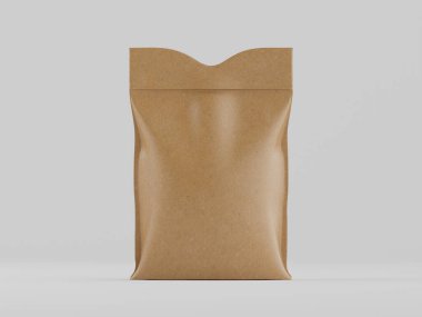 Açık bej veya bronz renkli, dik, esnek bir paket çantası sergilenmektedir. Poşetin pürüzsüz bir yüzeyi var ve bir kağıt ya da karton malzemeden yapılmış gibi görünüyor. Çanta açık gri bir zemine yerleştirilmiş. Işık eşit ve nötr.,