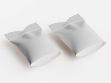 Açık gri, sade, dikdörtgen, fermuarlı çerez torbaları yukarıda, stüdyo çekimlerinde beyaz bir zemine karşı gösteriliyor. Poşetler boş görünüyor, ve poşetlerde hafif buruşuk veya buruşuk bir doku var. Aydınlatma düzgün ve parlak.