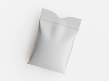 Tepeden çekilen bir resimde boş, mühürlü bir çanta görülüyor. Temiz beyaz bir arkaplanda sunuluyor. Kese, muhtemelen bir gıda paketi, pürüzsüz, düzgün bir dokuya ve yumuşak, nötr bir renk paletine sahip. Kompozisyon minimalist bir tasarımı vurguluyor.