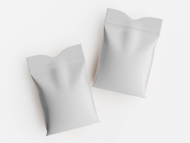 Bu resim, beyaz bir arkaplana karşı tıpatıp aynı, mühürlenmiş iki paket sunuyor. Paketler pürüzsüz, mat bir doku ve yumuşak, nötr bir renk paleti sergiliyor. Bu da temiz ve modern bir estetik olduğunu gösteriyor. Kompozisyon genel bir perspektif içerir.