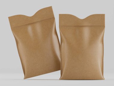 Tarafsız bir arkaplanda iki tane ayakta duran kese sunuluyor. Bu kaplar, doğallık hissi yaratan klasik bir kahverengi kağıt dokusuna sahip. Keseliler kapalı bir şekilde eğri bir üst tasarım sergiliyor ve boş görünüyorlar. Lig.