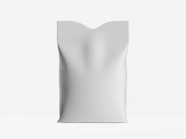 Bu resim düz beyaz bir paketin yakın çekimini sergiliyor, pürüzsüz beyaz bir arkaplana karşı dik duruyor. Pakette kıvrımlı bir üst ve hafif desenli bir yüzey var. Bu da yumuşak bir madde olduğunu gösteriyor. Aydınlatma bile, ince bir gölge bırakıyor.