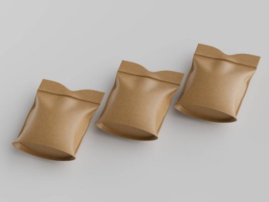 Kağıt malzemeden yapılmış üç kese tarafsız bir arkaplanda çapraz olarak düzenlenir. Keseler bir mat dokusu ve tek renk kahverengi bir renk sunuyor, ince noktalar yukarıdan gelen bir ışık kaynağını işaret ediyor. Kompozisyon temiz bir a 'yı vurguluyor.