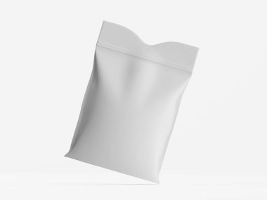 Bu görüntüde beyaz, mühürlü bir paket, muhtemelen temiz, beyaz bir arka planda duran bir yemek kesesi var. Paketin kıvrımlı bir üstü ve ince bir dokusu var. Bu da esnek bir malzeme olduğunu gösteriyor. Işıklandırma yumuşak ve eşit görünüyor, paketi vurguluyor