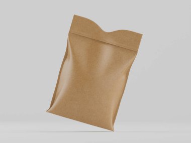 Açık bej, kraft kağıdı, dikdörtgen paket tarafsız gri arka planda sunuluyor. Paketin pürüzsüz, biraz parlak bir görüntüsü var. Paket yüzen ya da askıya alınmış bir şekilde yerleştirildi. Işık yumuşak ve dağınık, yüksek