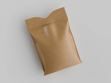 Bir stüdyo ortamında, muhtemelen yiyecek için açık bej, kraft kağıt bir paket sunuluyor. Paket pürüzsüz ve parlak. Basit ve modern bir estetik sergiliyor. Işıklandırma yumuşak ve hatta paketin dokusunu ve şeklini vurguluyor. Bu ho