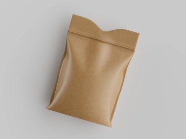 Açık kahverengi kağıt paketin yakın görüntüsü. Paket, pürüzsüz ve parlak bir yüzeyi olan fermuarlı bir çantaya benziyor. Çanta açık gri bir zemine yerleştirilmiş. Aydınlatma yumuşak ve dengeli, belirgin bir gölge bırakmıyor. Genel olarak...