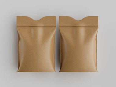 Tarafsız gri arka planda iki açık kahverengi yiyecek kesesi sergileniyor. Keseler yan yana yerleştirilmiş, pürüzsüz, hafif parlak bir yüzey dokusu sergiliyorlar. Kese basit, çağdaş bir tasarıma sahip gibi görünüyor. Masraflar.