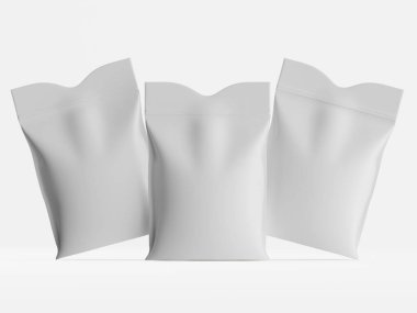 Bu resimde özdeş üç beyaz kese yer almaktadır. Keseler bir stüdyo ortamında sunuluyor. Yumuşak, dağınık ışıklandırma, temiz ve basit şekillerini aydınlatıyor. Paketleme tasarımı minimalist bir estetik kullanır.