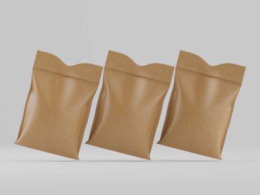 Tarafsız bir arkaplanda üç kahverengi kese kağıdı sunuluyor. Çantalarda basit ve mühürlü bir minimalist tasarım var. Torbalar eşit aralıklı ve açılı, bu da görsel olarak çekici bir kompozisyon oluşturuyor. Işıklandırma yumuşak ve eşit, Highli