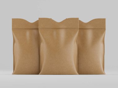 Tarafsız bir arkaplanda yan yana duran üç kahverengi kese kağıdı. Çantaların üstü mühürlü, basit ve düzgün bir şekli var. Görüntü tutarlı ışıklandırma ve pürüzsüz dokulara sahip stüdyo tarzı bir düzenek sergiliyor. Tasarım potansiyel kullanımı öneriyor 