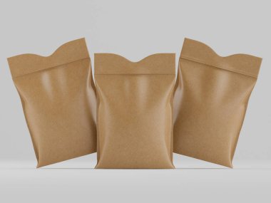 Sade ve tarafsız bir arkaplanda üç kahverengi kese kağıdı sunuluyor. Çantalar mühürlü, potansiyel olarak yiyecek ya da diğer malzemeler için. Işıklandırma, kağıdın pürüzsüz dokusunu vurguluyor. Kompozisyon halkla ilişkilere odaklanıyor