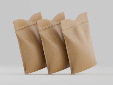 Kahverengi kağıttan yapılmış üç dikey ve kapalı kese nötr ışık arka planına karşı sunuluyor. Keseliler yarı gerçekçi bir tarzda, hafif ışıklandırma ve ince dokularla şekillerini geliştiriyorlar. Kompozisyon gösteriyor ki... 