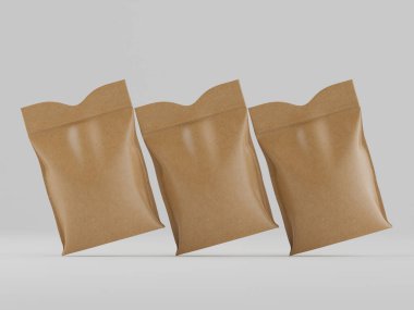 Bu resim üç mühürlü çanta içeren bir ürün modeli sunar. Poşetler pürüzsüz, açık kahverengiye boyanmış. Bu da doğal ya da çevre dostu bir madde olduğunu gösteriyor. Kompozisyon nötr arkaplan, yükseklik karşı basit bir düzenleme kullanır